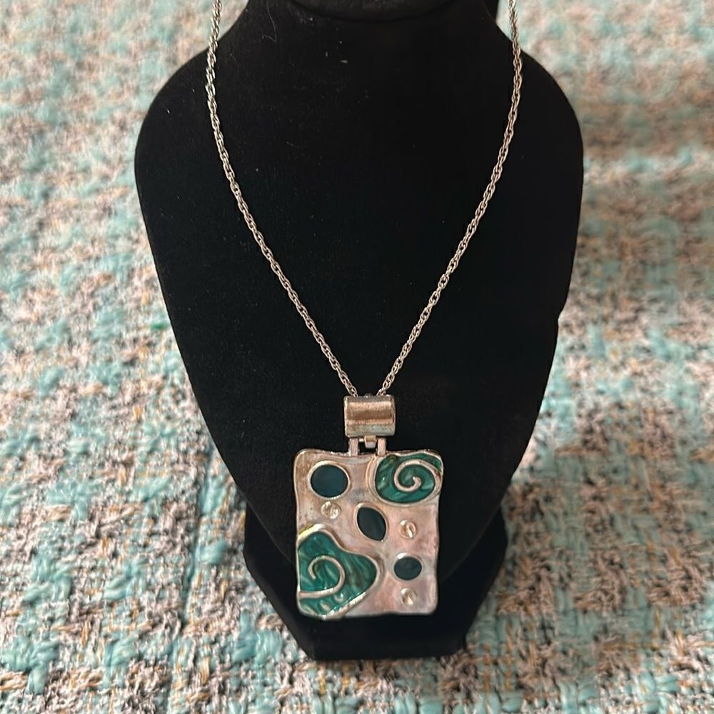 Silver Tone Turquoise Statement Artsy Pendant Necklace